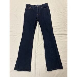 Angels Jeans Wear Women’s 7 Flare Blue Denim Pink Trim Embroidered 27x31 Y2K